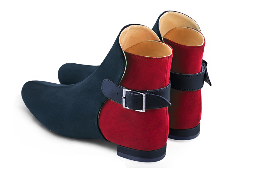 Navy blue and cardinal red women's ankle boots with buckles at the back. Round toe. Flat block heels. Rear view - Florence KOOIJMAN